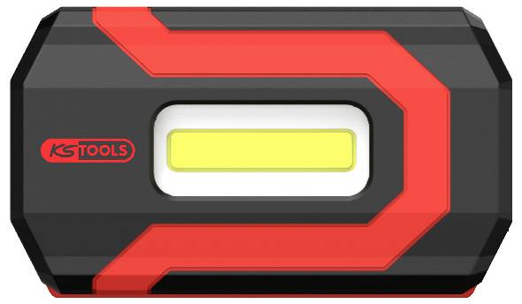 Schwarz-rotes tragbares LED-Licht von KS Tools; rechteckige Form mit zentralem gelben Leuchtelement.