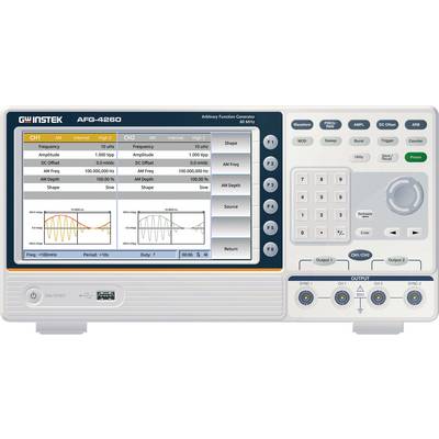 Generator 'GW Instek AFG-4260', 60 MHz, mit zweikanaligem Display. Zeigt Frequenz, Amplitude, Form und Wellenformgrafiken.