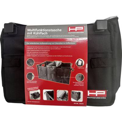 Eine schwarze Multifunktionstasche mit Kühlfach, gezeigt in einer Verpackung. Enthält technische Details und Anwendungen für den Kofferraum.