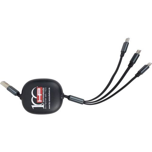 HP Autozubehör Ladekabel 3in1 ausziehbar USB Ladegerät 1x USB-C®, 1x Apple Lightning, 1x Micro-USB Schwarz Innenbereich