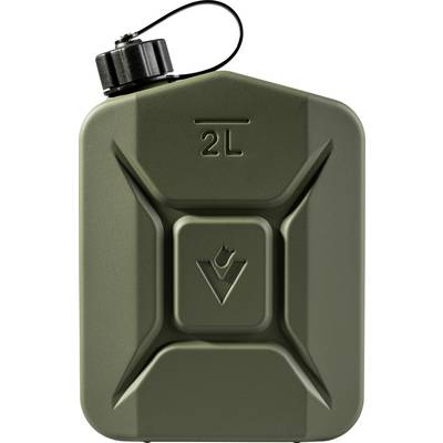 Grüner 2-Liter-Kanister mit schwarzen Schraubverschluss; vorderseitiges Flammensymbol.