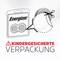 Die Abbildung zeigt eine Verpackung von Energizer-Knopfzellen, die mit einer kindersicheren Verpackung versehen ist.