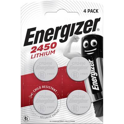 Vier 3V Lithium-Knopfzellen-Batterien von Energizer, Modell CR2450, in kinderresistenter Verpackung.