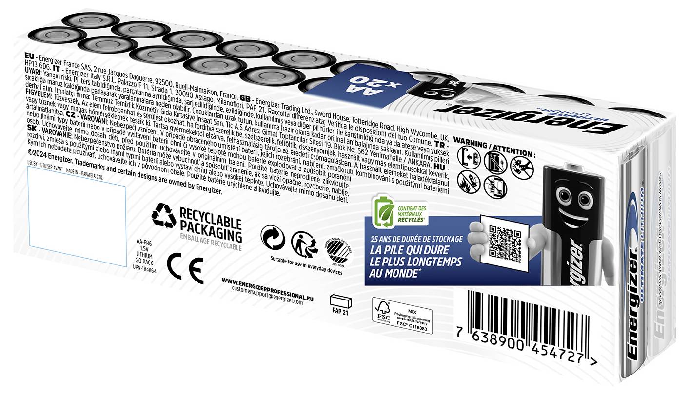 Eine Verpackung mit Energizer AA-Batterien, 24 Stück, mit recycelbarer Verpackung. Enthält Sicherheits- und Entsorgungshinweise.
