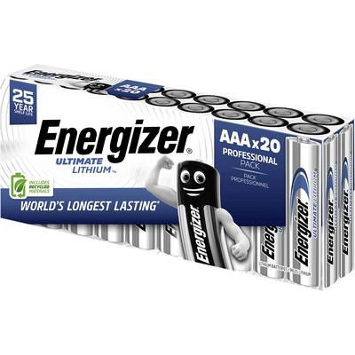 Ein Stapel von 20 Energizer Ultimate Lithium AAA-Batterien, beworben als 'Weltweit am längsten haltbar', mit einer 25-jährigen Haltbarkeit.