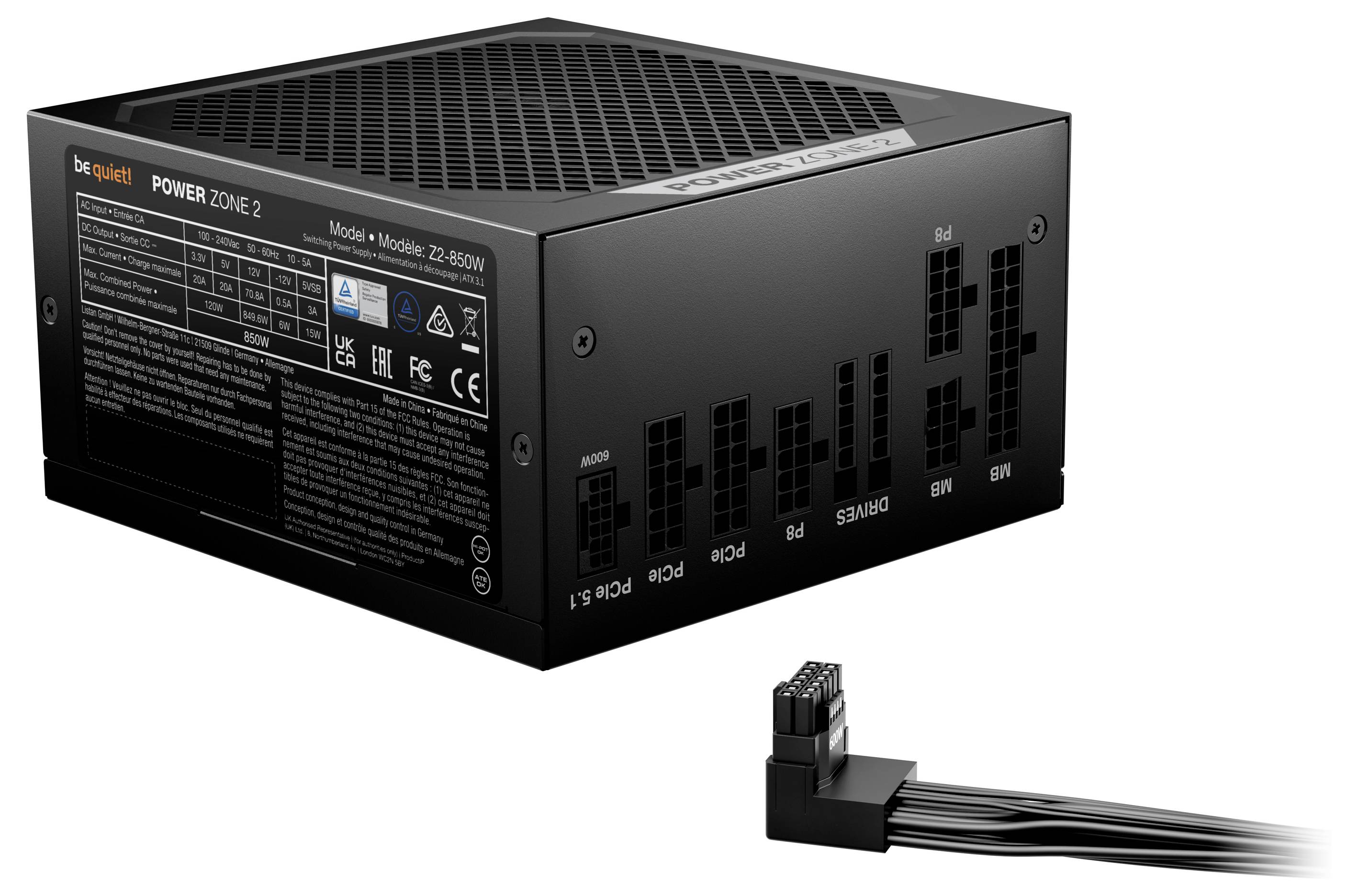 Das Bild zeigt ein schwarzes Computer-Netzteil mit mehreren Anschlüssen und einem abgetrennten Kabelstecker, der sich darunter befindet.