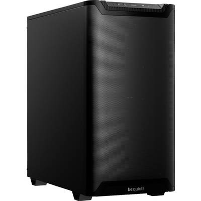 Ein schwarzes Computergehäuse mit minimalistischem Design und abgerundeten Ecken steht aufrecht.