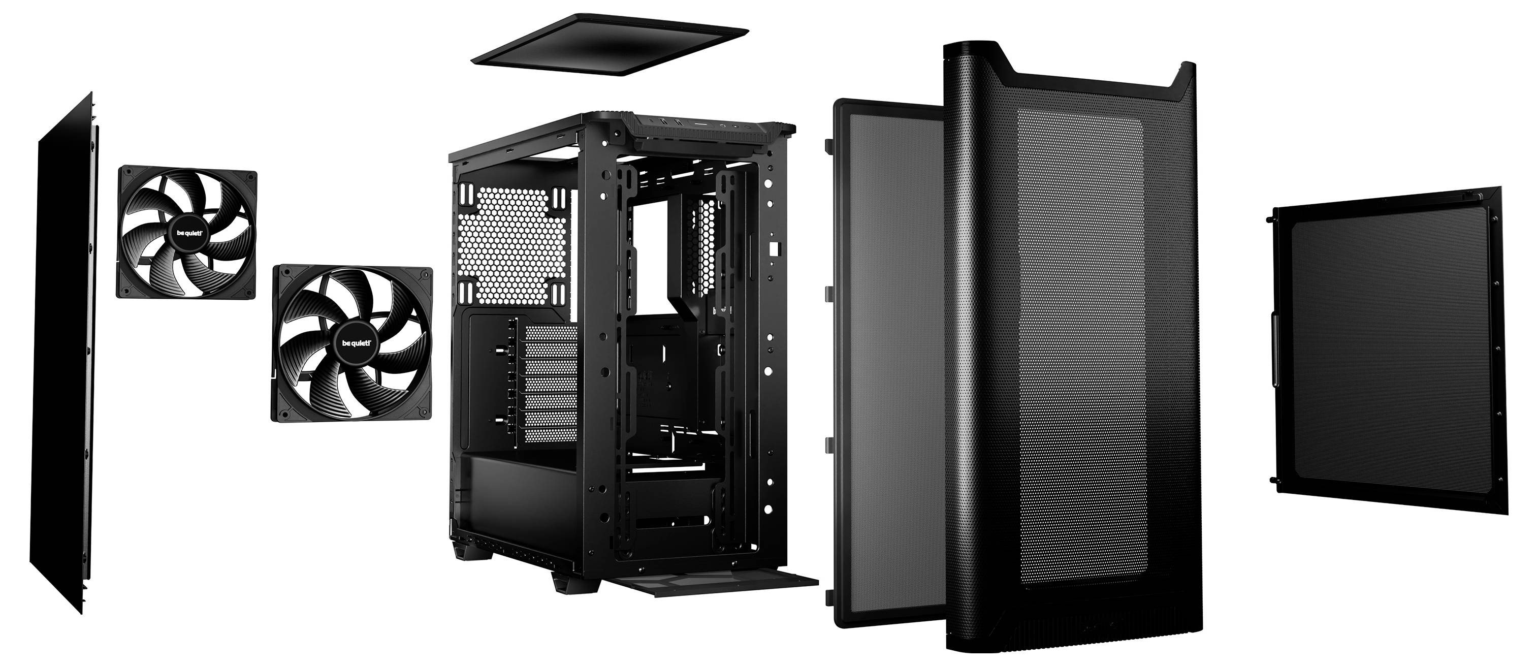 Ein zerlegtes PC-Gehäuse mit entfernbaren Paneelen und zwei Lüftern. Die Hauptkomponenten sind sichtbar, um die interne Struktur zu zeigen.
