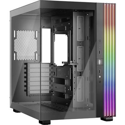 Ein PC-Gehäuse mit transparentem Seitenfenster und vertikale RGB-LED-Leisten auf der Vorderseite.