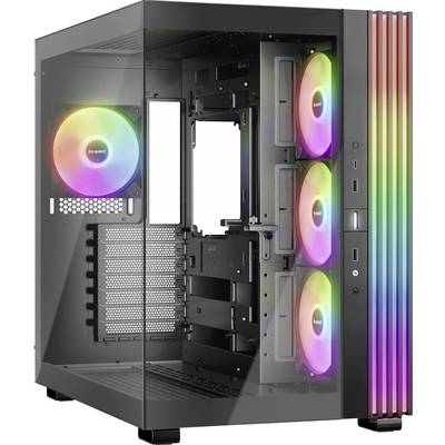 Ein PC-Gehäuse mit transparentem Seitenfenster zeigt bunte RGB-Lüfter und Platz für Hardware. Geeignet für PC-Enthusiasten.