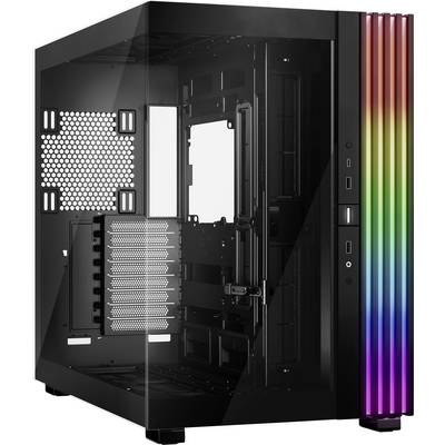 Schwarzes Computergehäuse mit RGB-Beleuchtung auf der rechten Seite, transparentes Seitenpanel, bietet mehrere Erweiterungsslots.