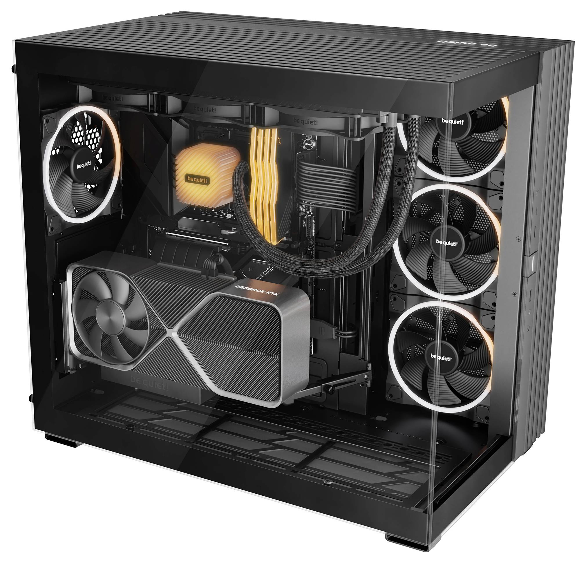 Ein Desktop-Computergehäuse mit Glasscheibe zeigt innen eine Grafikkarte, mehrere Lüfter und Kabelmanagement.
