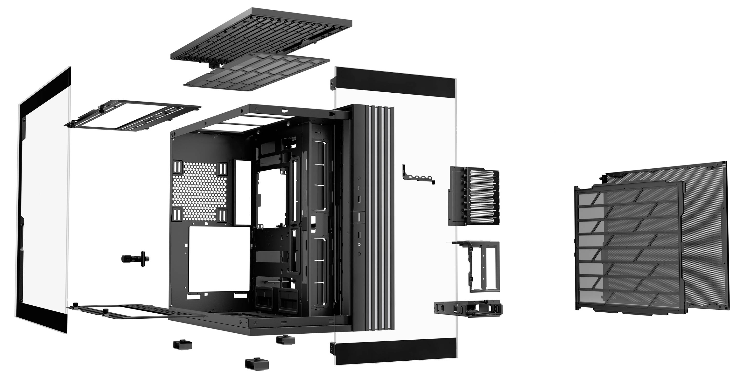 Explodierte Ansicht eines Computergehäuses mit abgenommenen Seitenwänden, Deckeln und Einsätzen, die den Aufbau und die Komponenten zeigen.