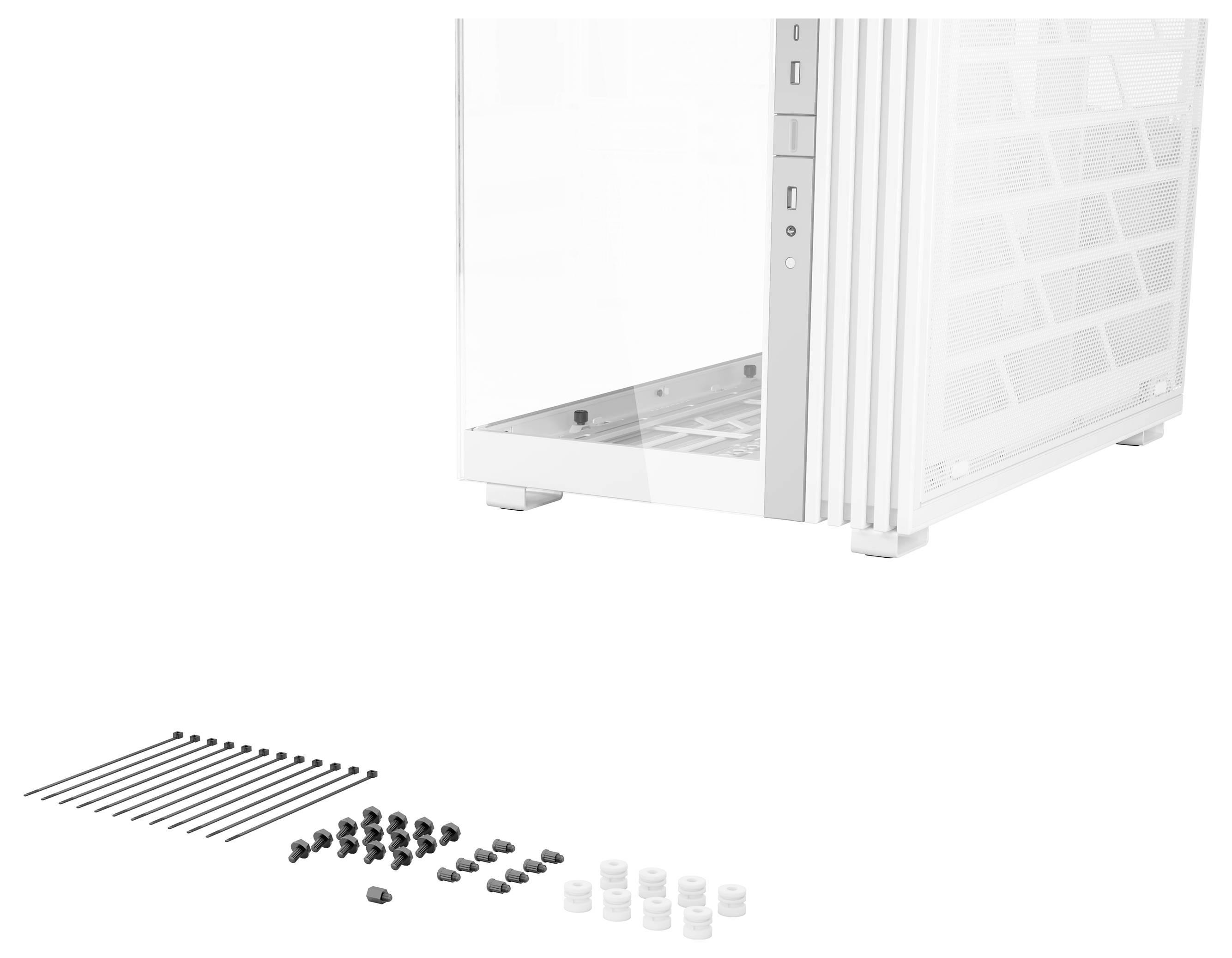 Ein weißes Computergehäuse mit transparenten Seitenwänden und Zubehör wie Schrauben und Kabelbinder, die zur Montage bereitliegen.