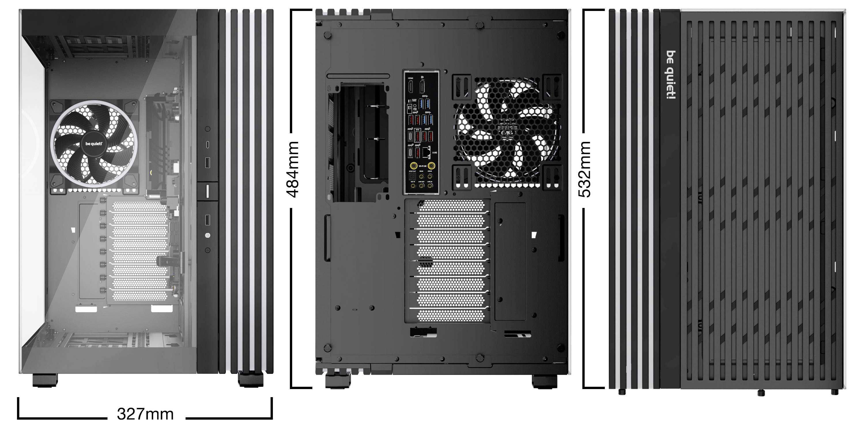 Der Computer-Tower hat Lüfter an der Rückseite und Vorderseite. Die Maße sind 327mm Breite, 484mm Höhe und 532mm Tiefe.