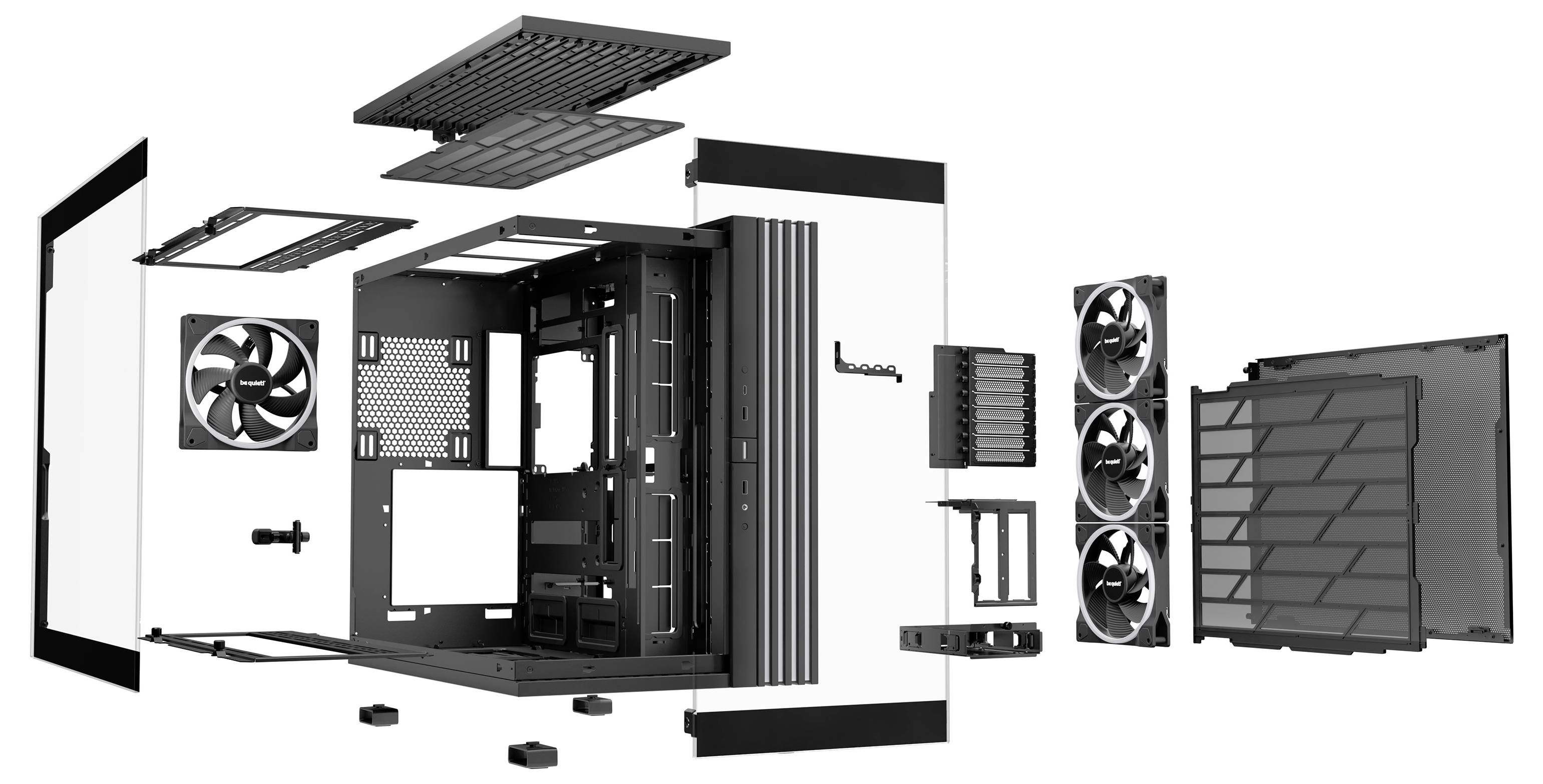 Explosionsansicht eines Computergehäuses mit abnehmbaren Seiten- und Oberteilen, Lüftern, Rahmen und internen Komponenten, darstellend den modularen Aufbau.