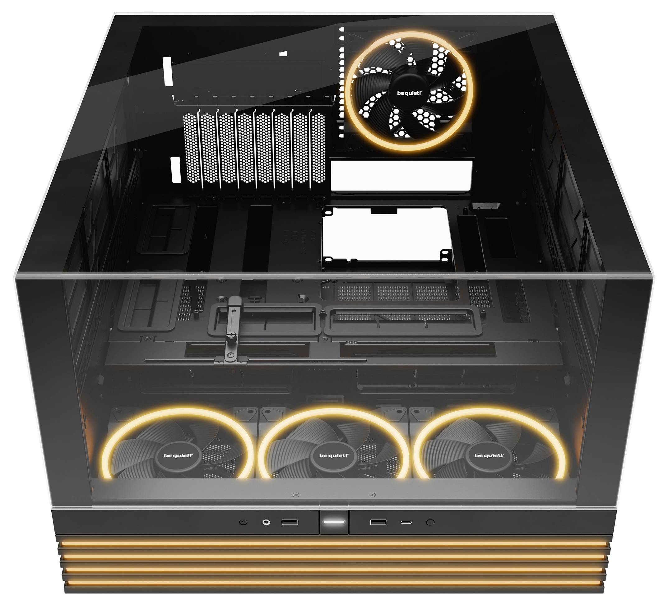 Schwarzes PC-Gehäuse mit transparentem Deckel. Lüfter mit orangen LEDs sind eingebaut. Das Gehäuse ist leer und bereit zur Montage.