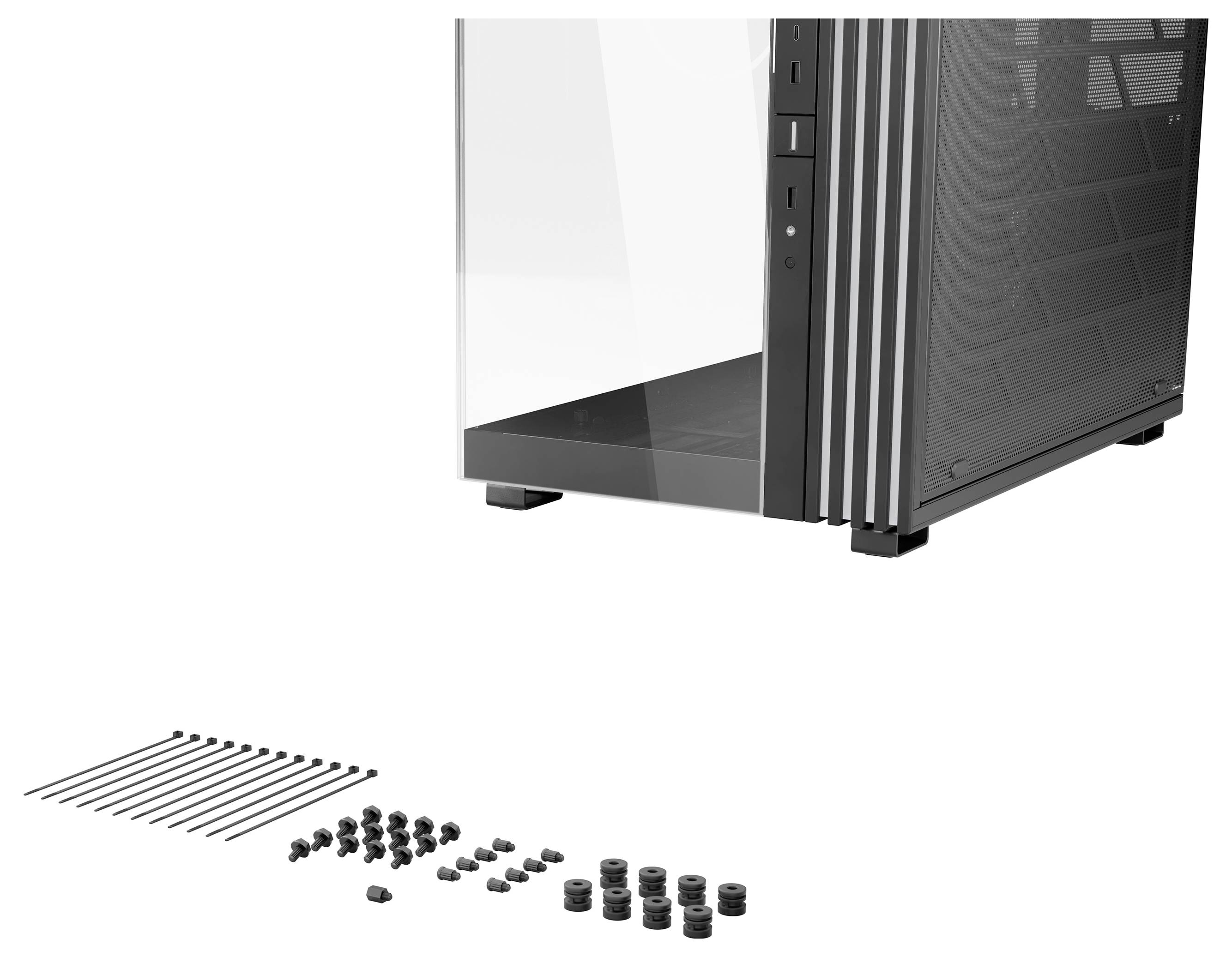 PC-Gehäuse aus Glas und Metall, teilweise geöffnet, mit Zubehörteilen wie Schrauben und Kabelbindern auf einer Oberfläche davor.
