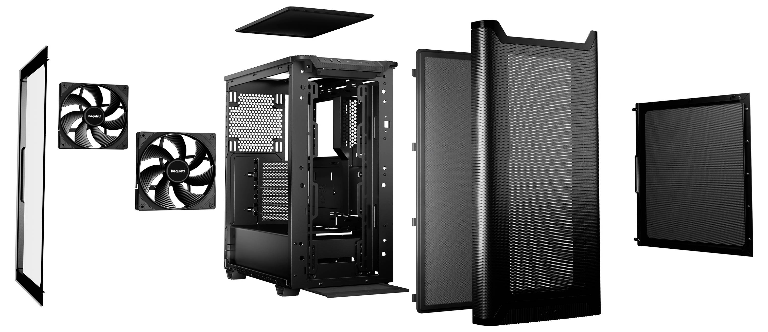 Zerlegtes PC-Gehäuse mit sichtbaren Teilen: Frontblende, Seitenplatten, zwei Lüfter und Gehäusegerüst. Ideal für individuelle Computeraufbauten.