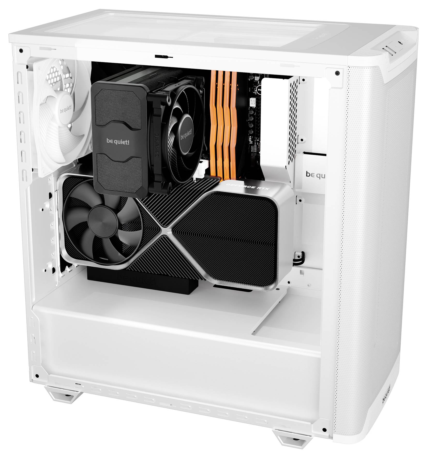 Ein geöffneter weißer Computer zeigt interne Komponenten wie Lüfter, Prozessor-Kühler und Grafikkarte.