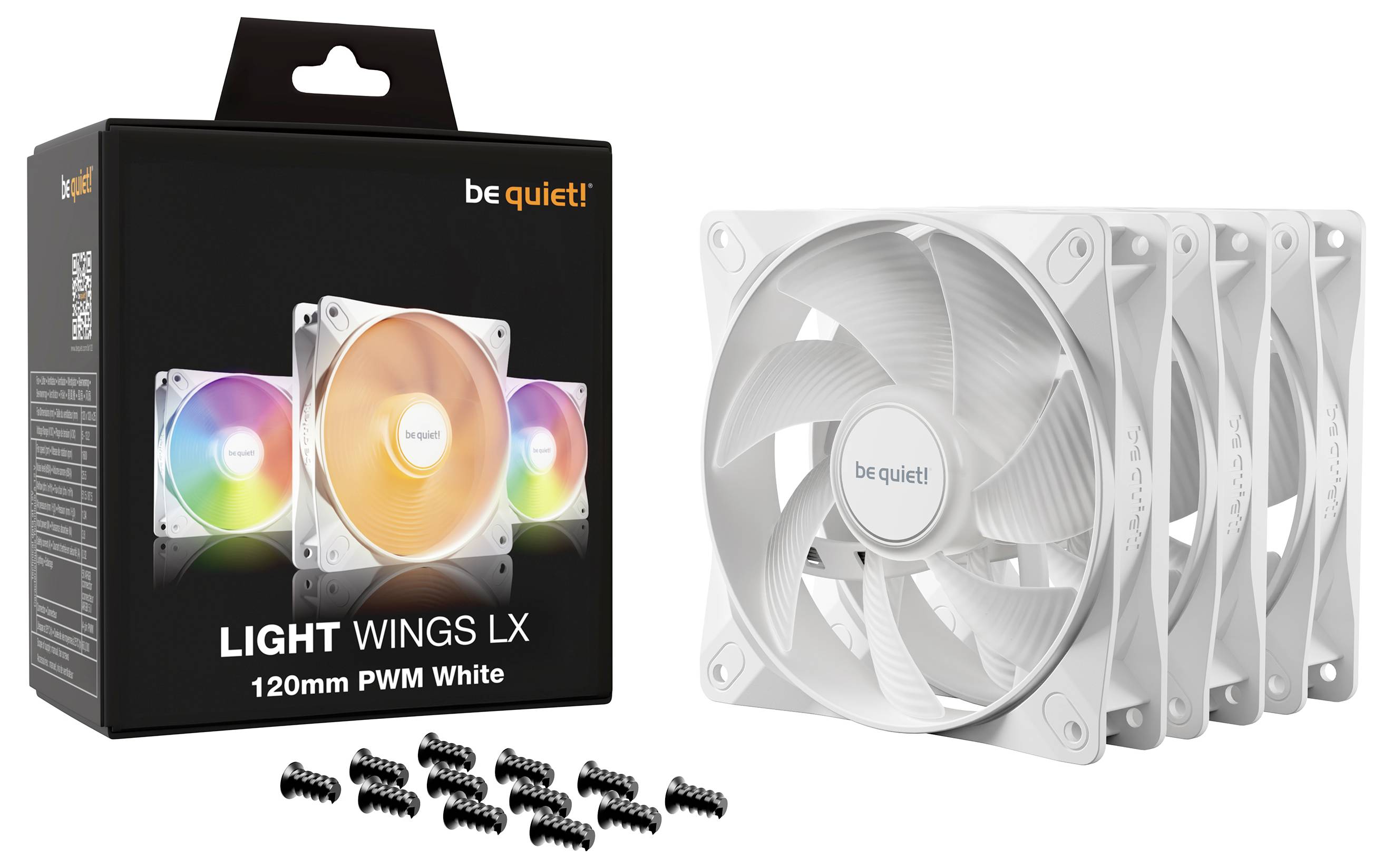Vier weiße Computerlüfter mit RGB-Beleuchtung und Verpackung von 'be quiet! Light Wings LX'. Enthält Schrauben zur Montage.