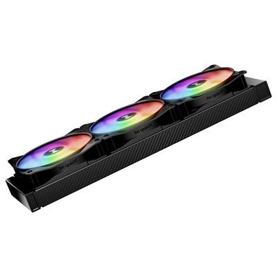 Ein schwarzer Computerlüfter mit drei RGB-beleuchteten Ventilatoren, die die Aufschrift 'be quiet!' tragen, zur Kühlung von PCs.