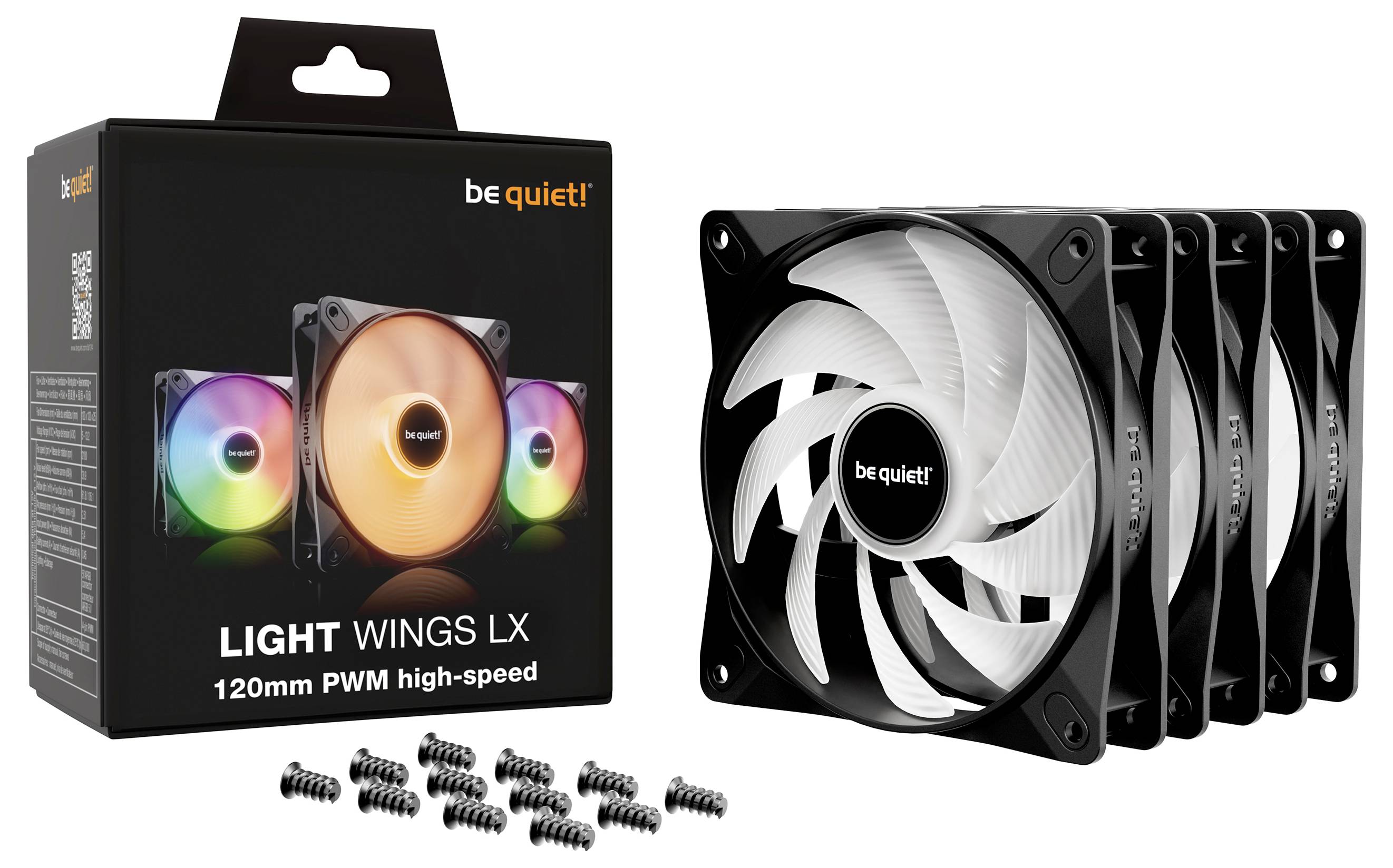 'Be Quiet! Light Wings LX 120mm PWM High-Speed' Lüfter mit RGB-Beleuchtung, in Verpackung mit vier Lüftern und Schrauben.