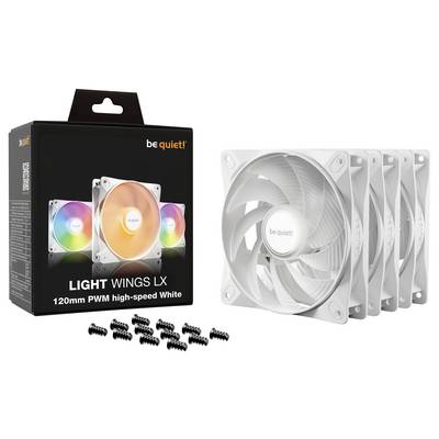 Vier weiße Lüfter mit RGB-Beleuchtung, dargestellt neben einer Verpackung mit Aufschrift 'be quiet! Light Wings LX'. Inklusive Befestigungsschrauben.