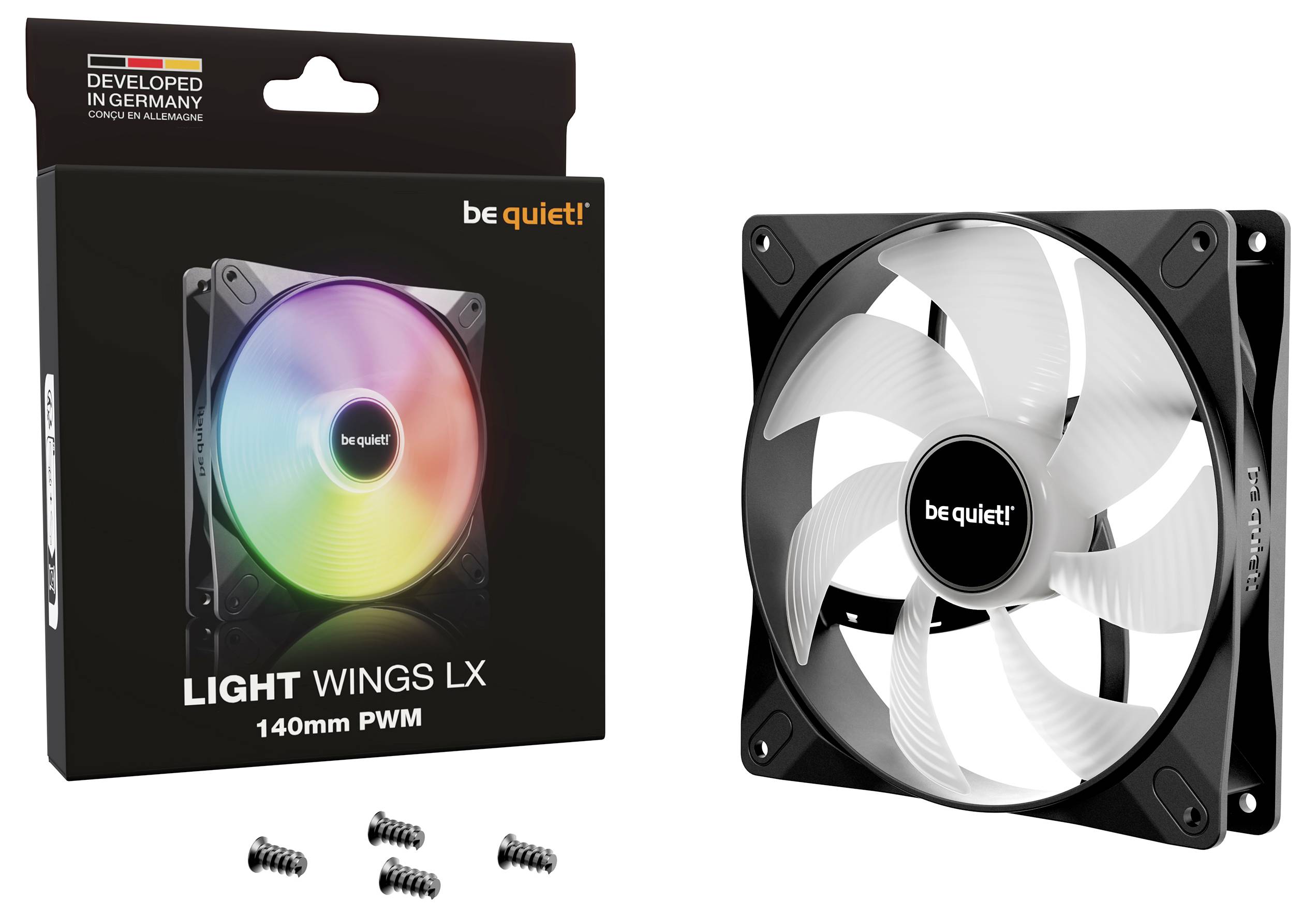 Ein PC-Lüfter von 'be quiet!' namens LIGHT WINGS LX, 140mm groß, mit RGB-Beleuchtung. Verpackung und Lüfter mit vier Schrauben abgebildet.