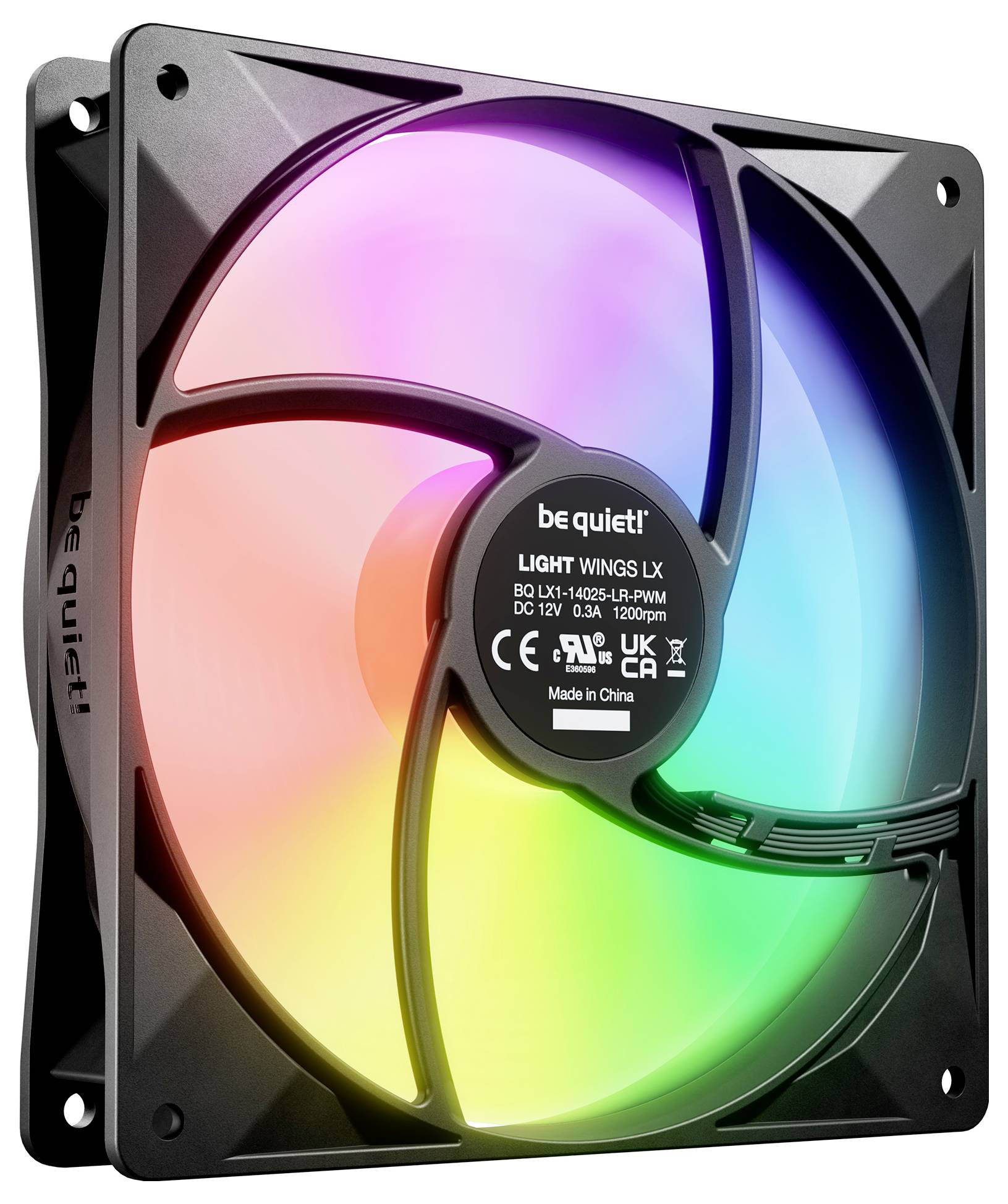 Schwarzer Computerlüfter mit regenbogenfarbenen LED-Lichtern, Modell 'Light Wings LX', von der Marke 'be quiet!'.