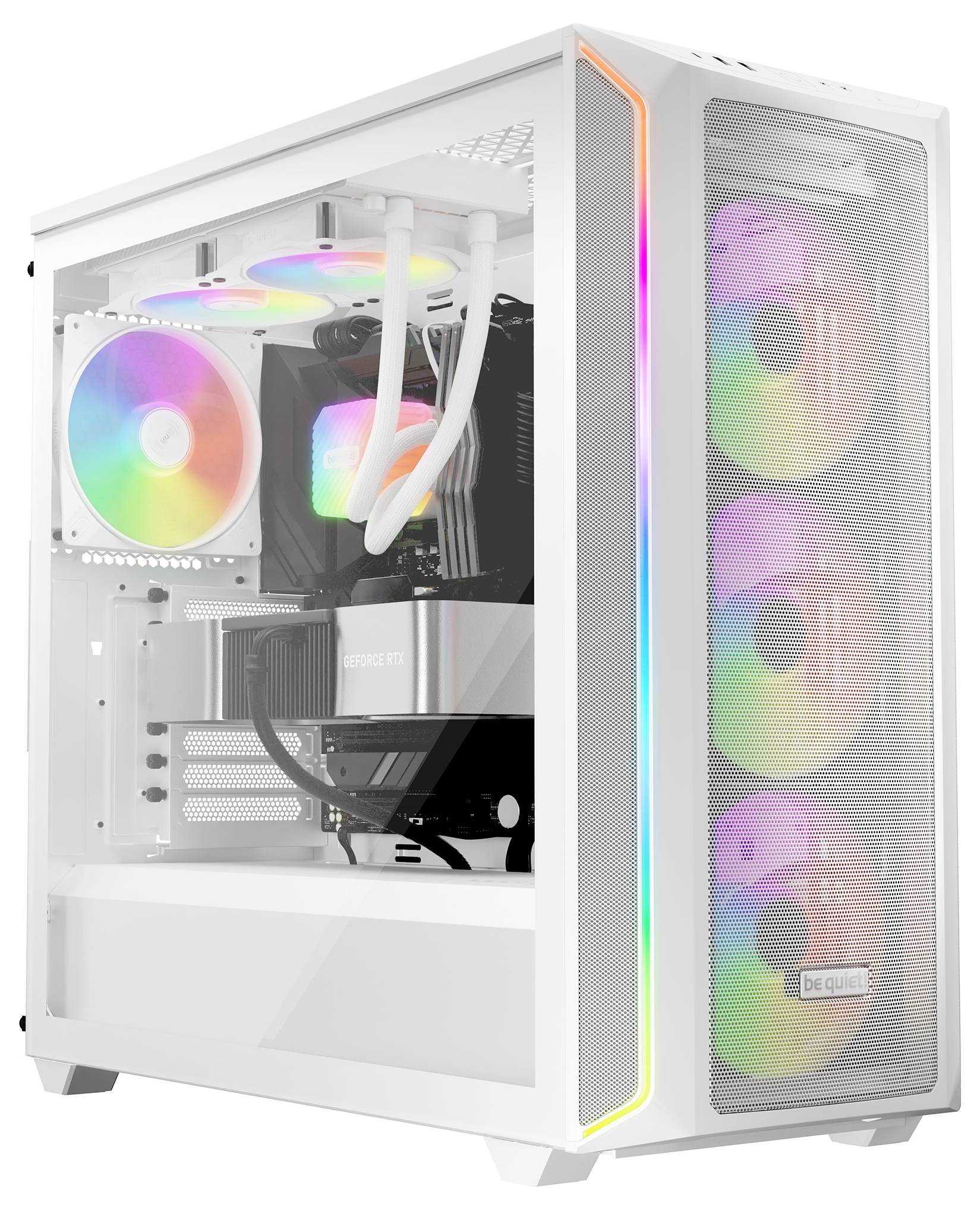 Ein weißer Computer mit durchsichtigem Gehäuse zeigt LED-beleuchtete Lüfter in verschiedenen Farben.