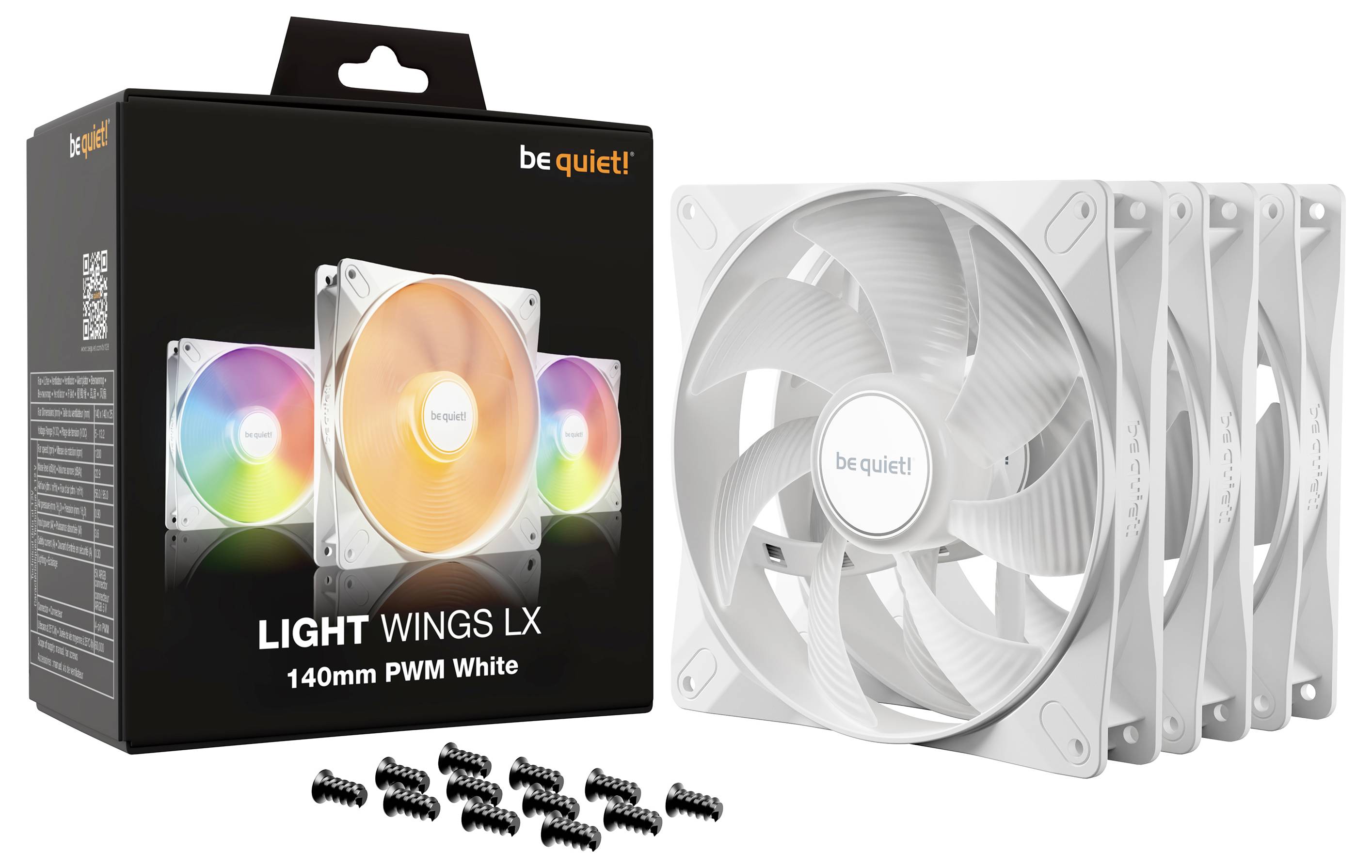 'be quiet! LIGHT WINGS LX 140mm PWM White' Verpackung und drei Lüfter mit RGB-Beleuchtung und Schrauben daneben.