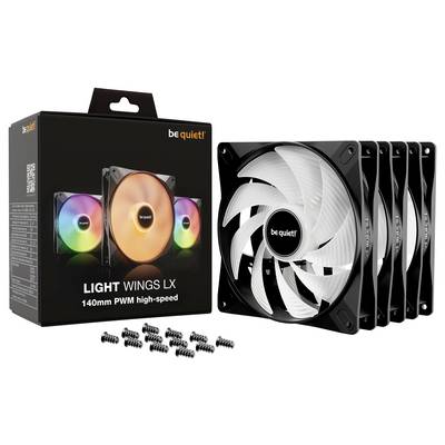 Verpackung und drei PC-Lüfter von 'be quiet! Light Wings LX 140mm PWM high-speed', drei Lüfter nebeneinander, Licht zeigt Regenbogenfarben.