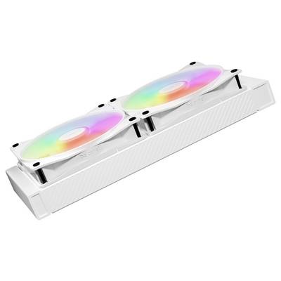 Ein weißer Computerlüfter mit zwei rotierenden Lüftern, die in Regenbogenfarben leuchten. Design für Kühlung in PCs.
