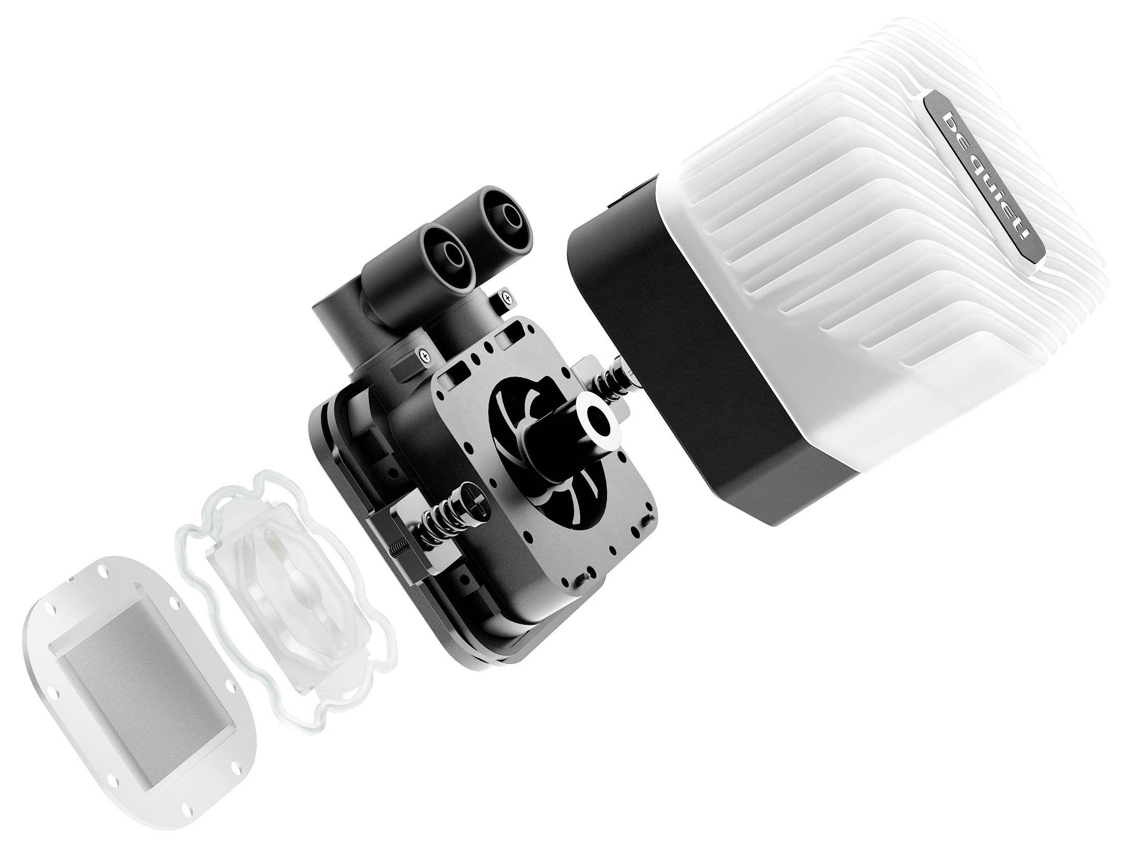 Zerlegte Ansicht einer elektrischen Pumpe mit weißem Gehäuse, schwarzer struktureller Komponente und transparentem Dichtungselement.