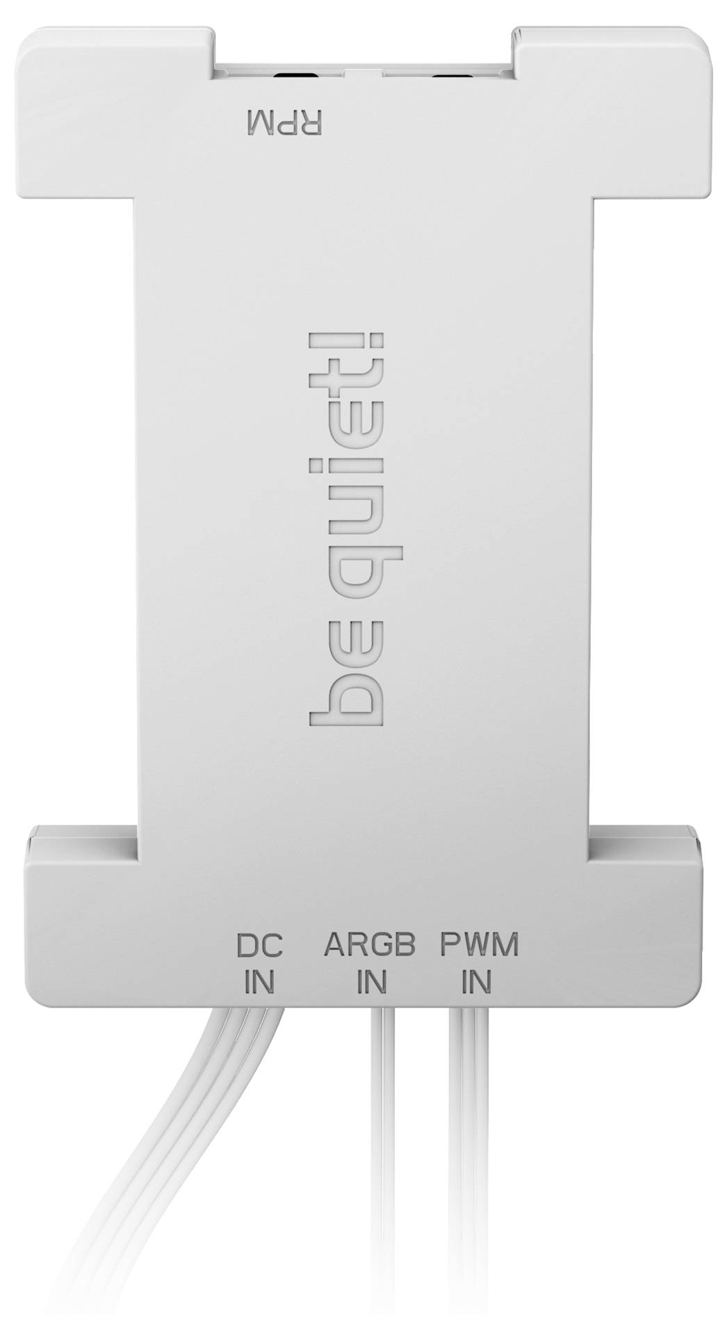 Ein weißer PWM-Fan-Hub von be quiet! mit Anschlüssen für DC IN, ARGB IN und PWM IN, geeignet zur Steuerung von Lüftern.