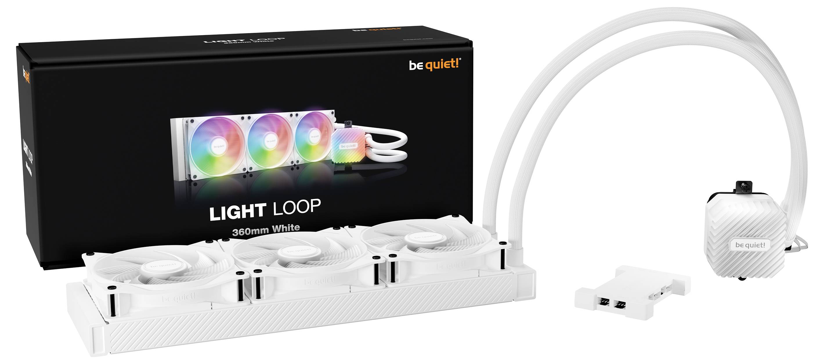 Kühlersystem mit weißem Radiator und dreifarbigen Lüftern vor schwarzer Verpackung mit der Aufschrift 'be quiet! LIGHT LOOP 360mm White'.