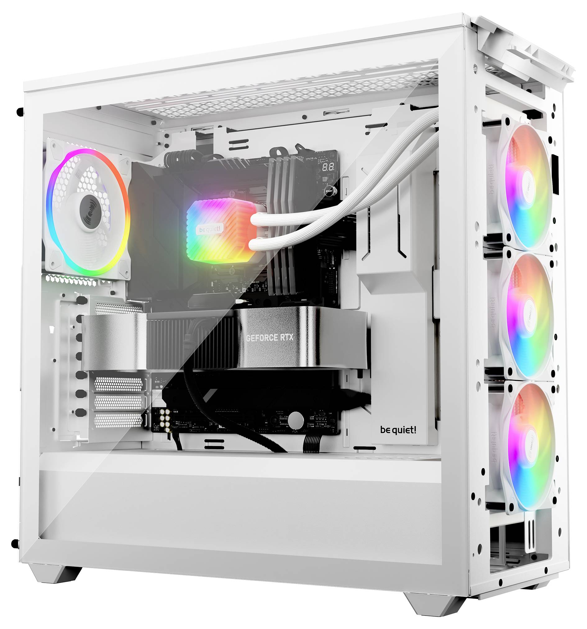 Weißes PC-Gehäuse mit drei RGB-Lüftern vorne und einem hinten. Sichtbarer Innenraum mit Grafikkarte und ordentlichen Kabeln.