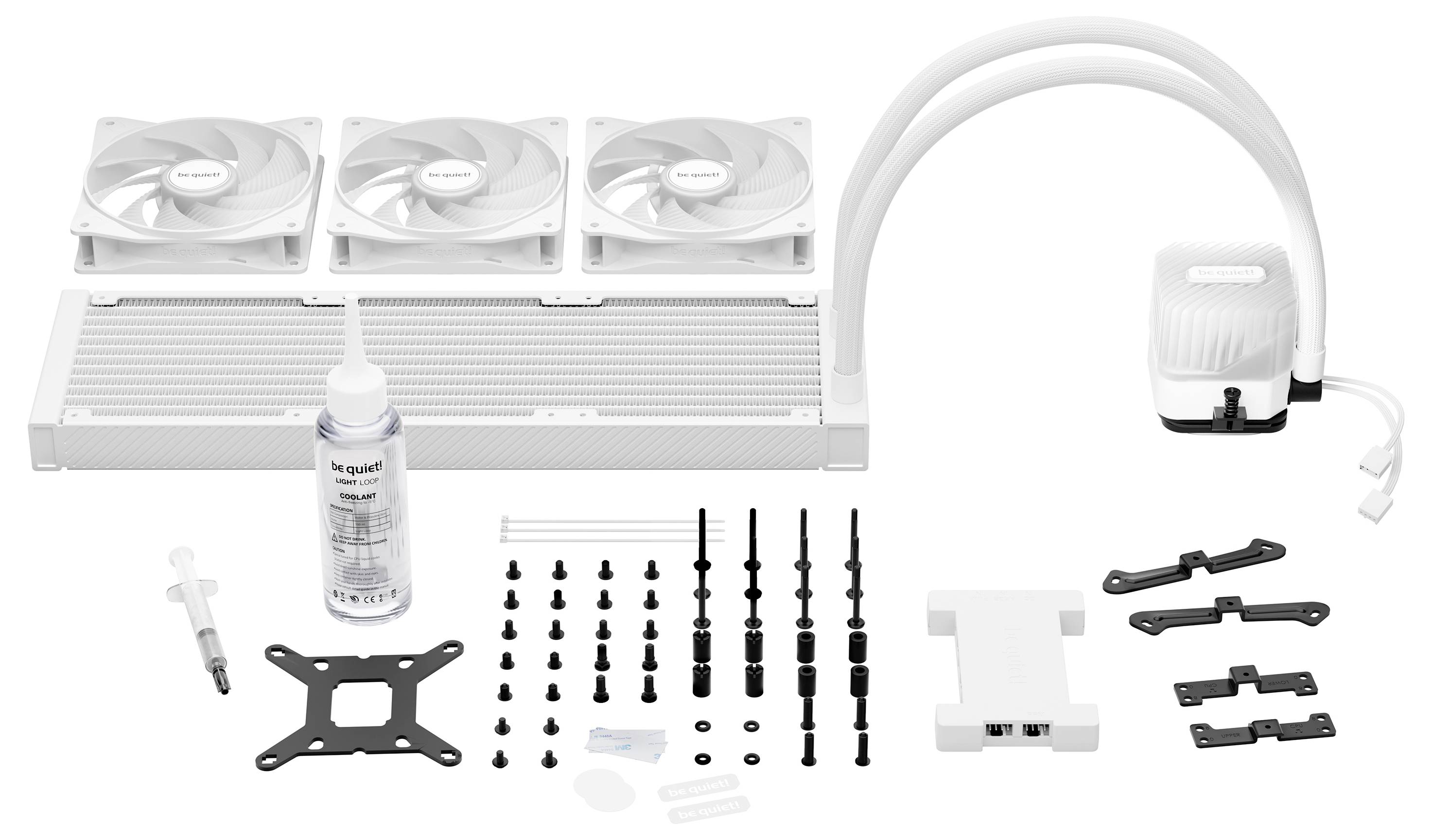 Kühlungssystem-Set mit Lüftern, Pumpeneinheit, Flüssigkeitsflasche und Montagematerial, geeignet für Computerhardware-Installation.