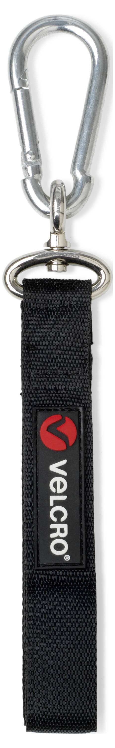 Schwarzer Schlüsselanhänger mit Klettverschluss, oben ein silberner Karabinerhaken. Textlogo 'Velcro' in Rot und Weiß auf schwarzem Etikett.