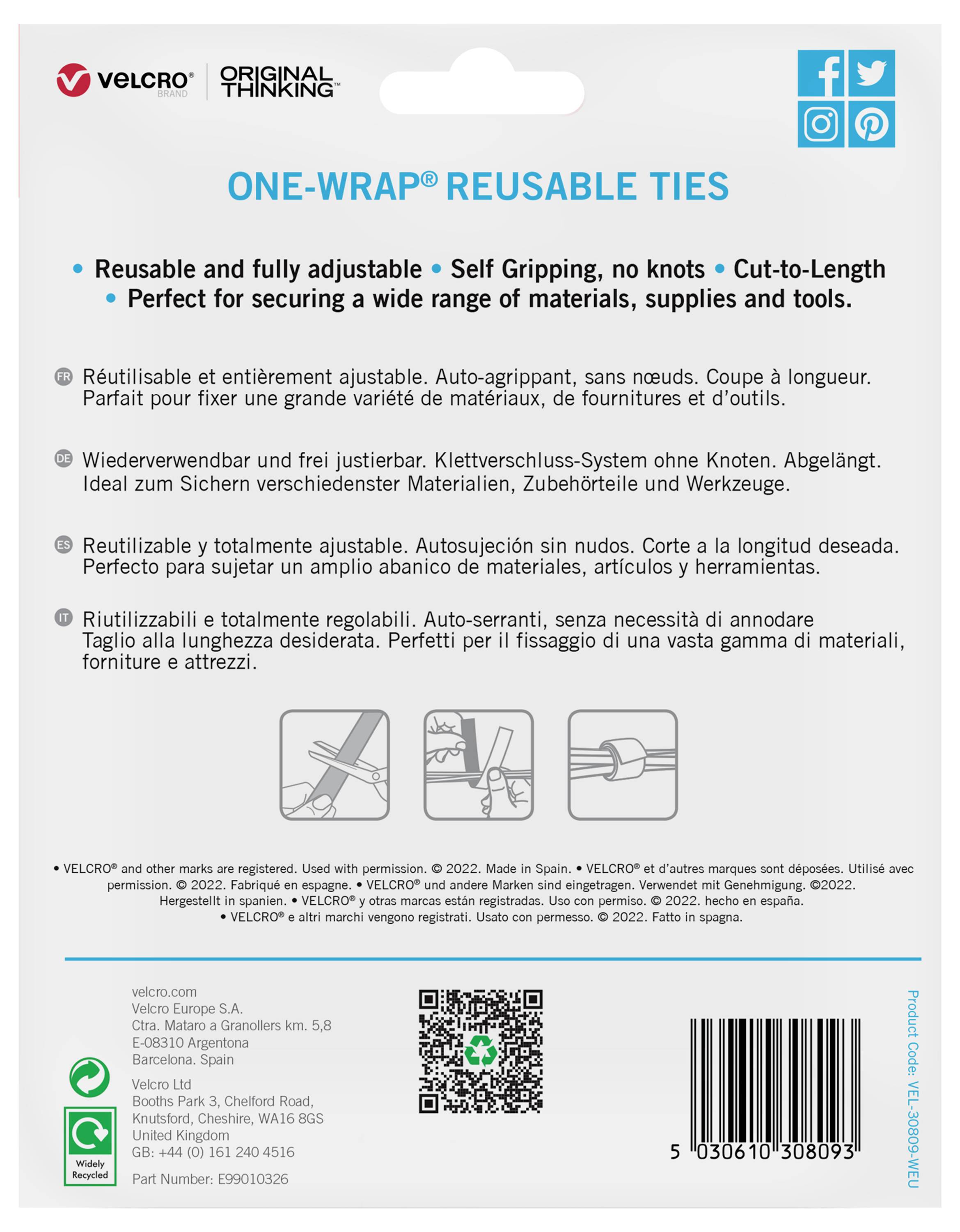 'ONE-WRAP Reusable Ties' Verpackungsrückseite. Enthält Anweisungen zur wiederverwendbaren und anpassbaren Kabelbindung. Mehrsprachige Beschreibung und Symbole für Anwendungen und soziale Medien.