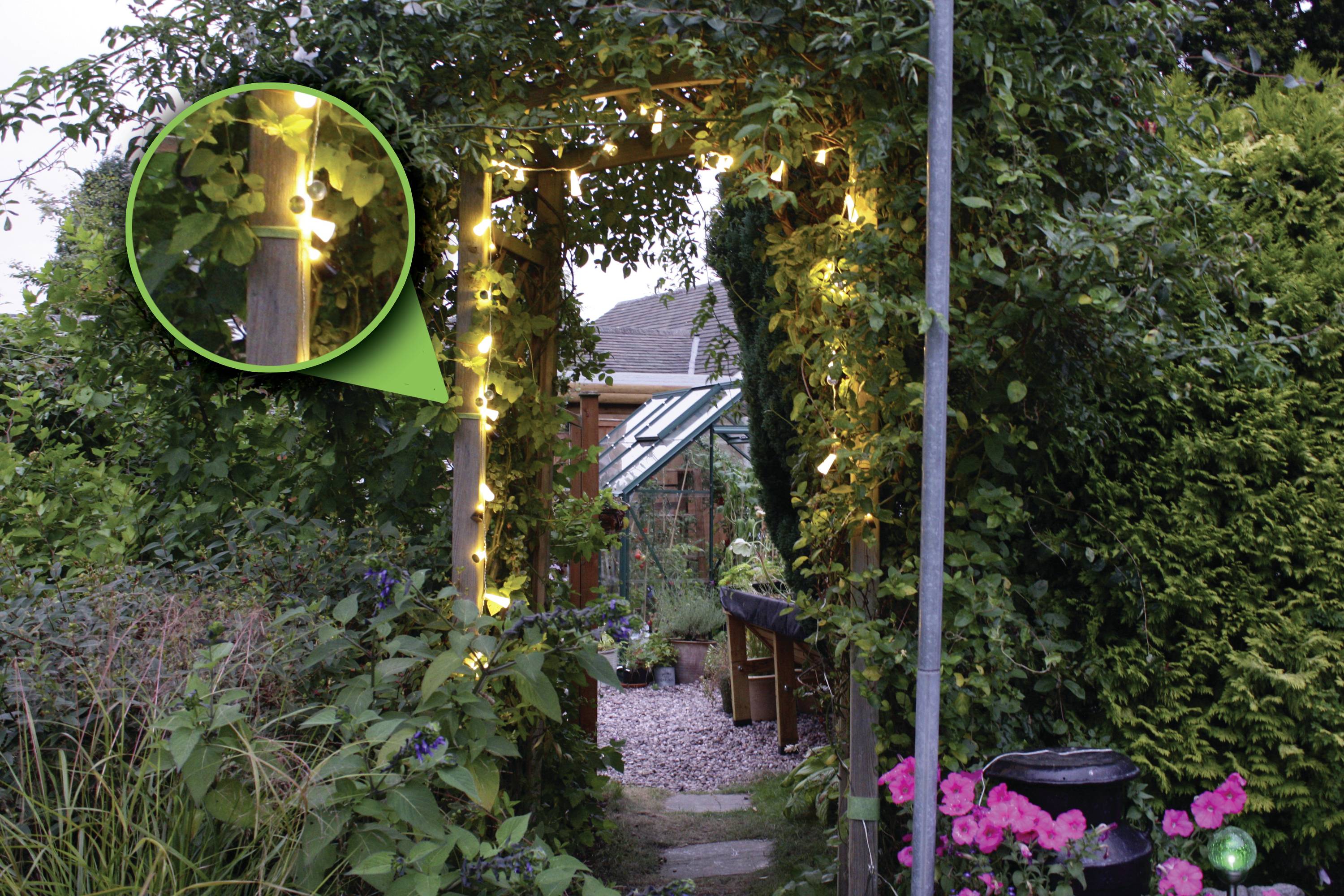 Ein Gartenbogen aus Holz, umgeben von üppigem Grün und beleuchtet mit Lichterketten. Eine Nahaufnahme zeigt die Details der Lichter.