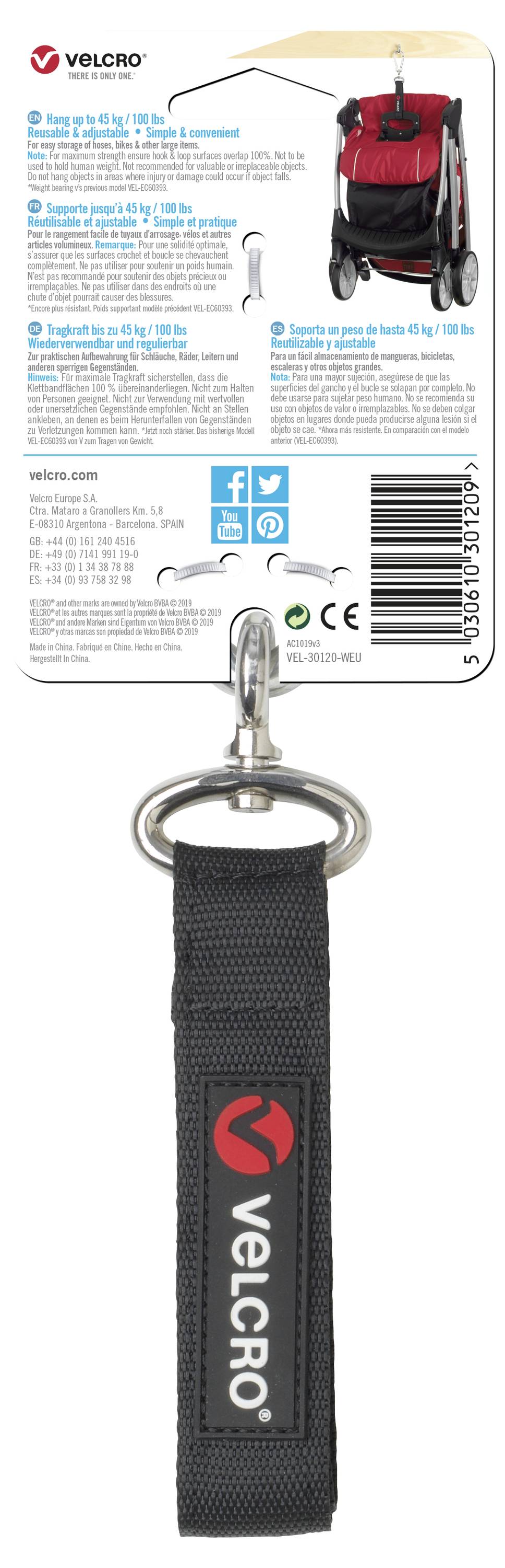 Schwarzer Klettverschluss-Haken mit rotem 'Velcro'-Logo, an Pappkarte mit Kinderwagen-Anwendung und Firmeninformationen befestigt.