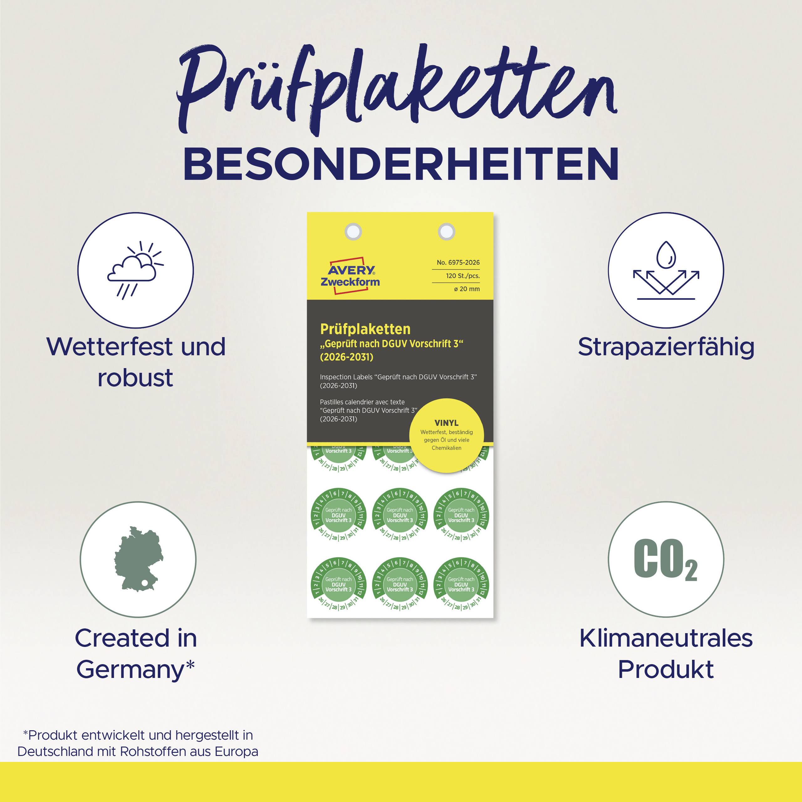 'Avery Zweckform Prüfplaketten Besonderheiten: Wetterfest, robust, strapazierfähig, klimaneutral. Made in Germany.'