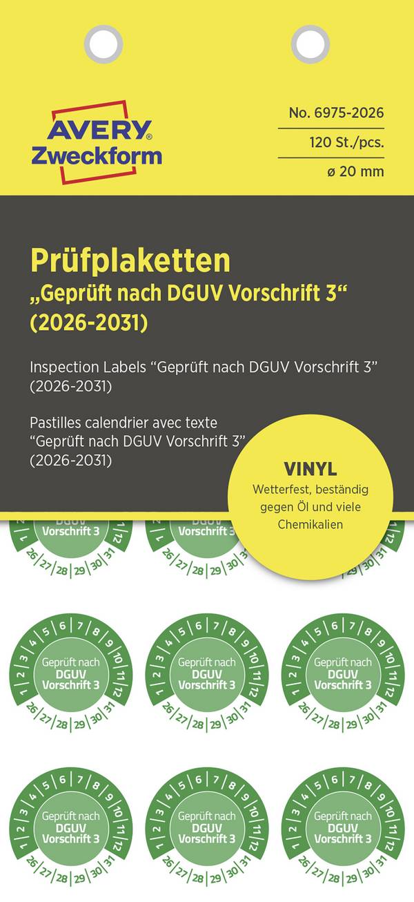 Avery-Zweckform 6975-2026 Prüfplakette Geprüft nach DGUV Vorschrift 3 Grün Folie selbstklebend (Ø) 20 mm 20 mm DGUV 120 St.