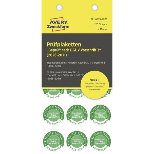 Avery-Zweckform 6975-2026 Prüfplakette Geprüft nach DGUV Vorschrift 3 Grün Folie selbstklebend (Ø) 20 mm 20 mm DGUV 120 ...