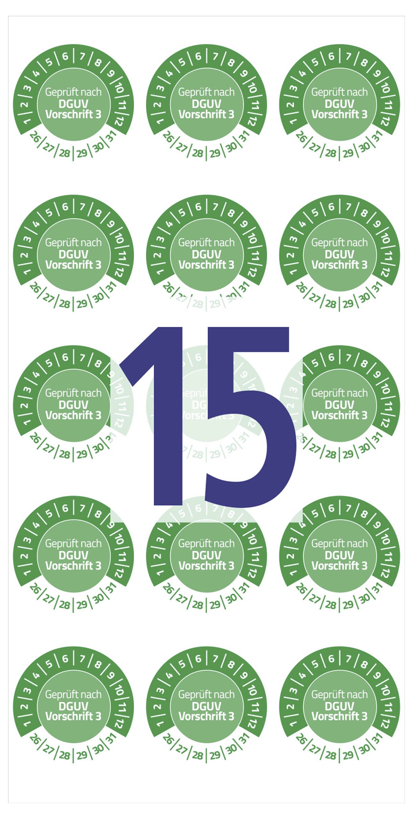 'Geprüft nach DGUV Vorschrift 3' Aufkleber mit der Zahl 15 in der Mitte, die Kennzeichnung für eine technische oder elektrische Inspektion.