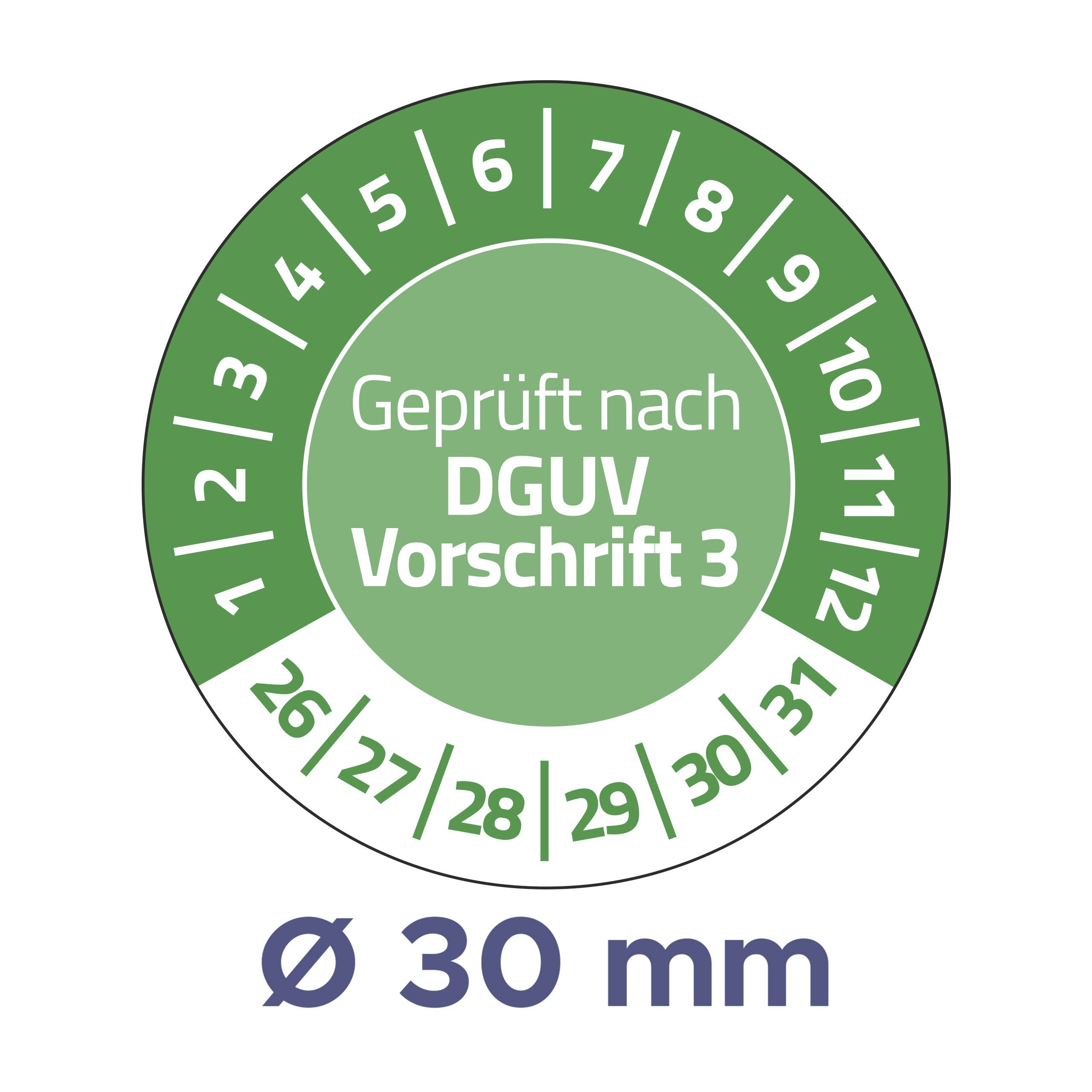 Grüner Prüfsiegelaufkleber mit der Aufschrift 'Geprüft nach DGUV Vorschrift 3' und Nummern 1 bis 31. Durchmesser: 30 mm.