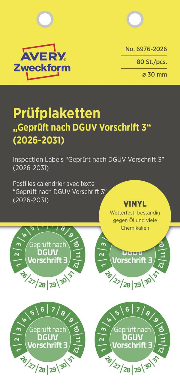 Avery-Zweckform 6976-2026 Prüfplakette Geprüft nach DGUV Vorschrift 3 Grün Folie selbstklebend (Ø) 30 mm 30 mm DGUV 80 St.