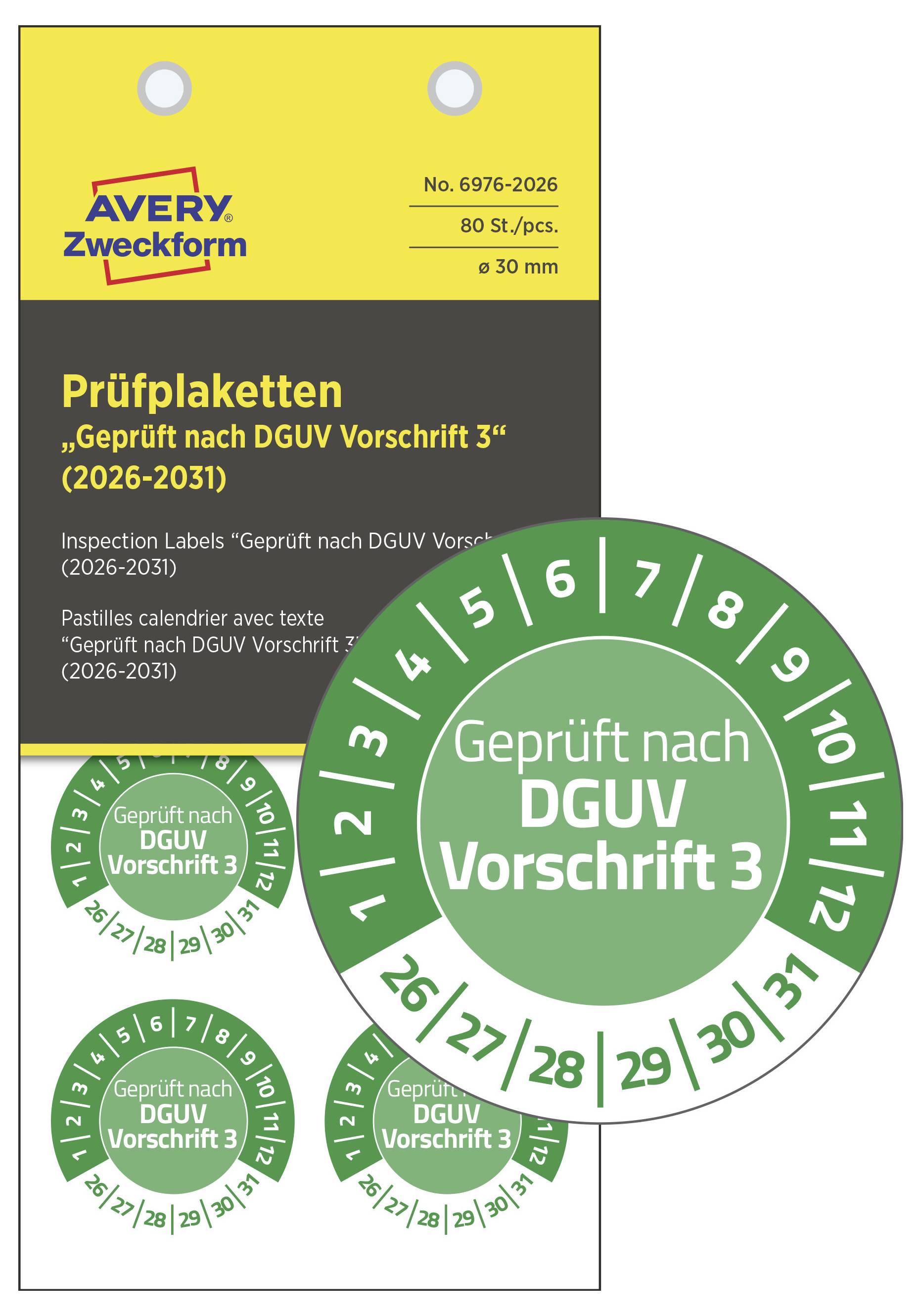 Etikett mit der Aufschrift 'Geprüft nach DGUV Vorschrift 3', umgeben von Kalender für Monate und Jahre von 26 bis 31.